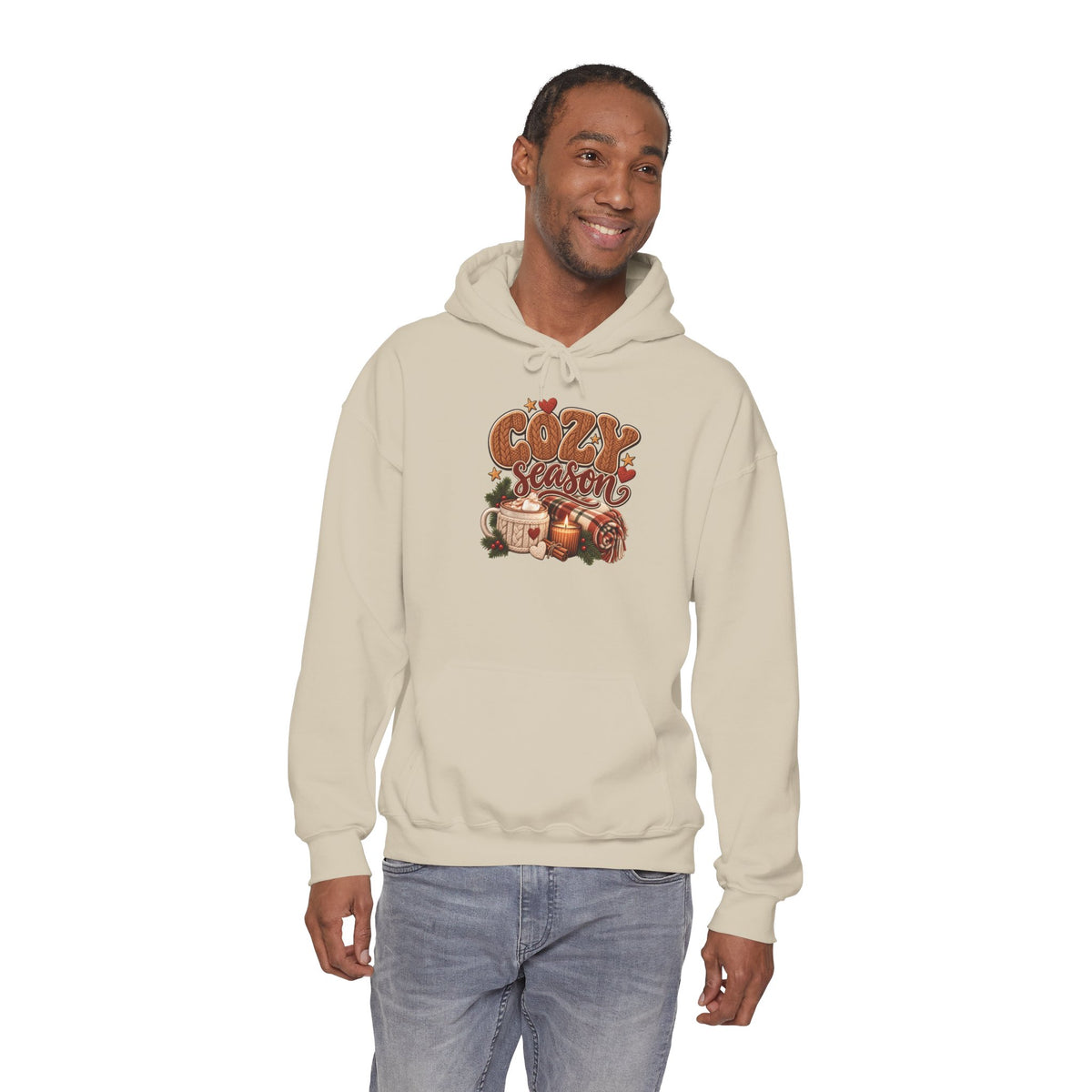Model wearing the sand Cozy Season Hoodie