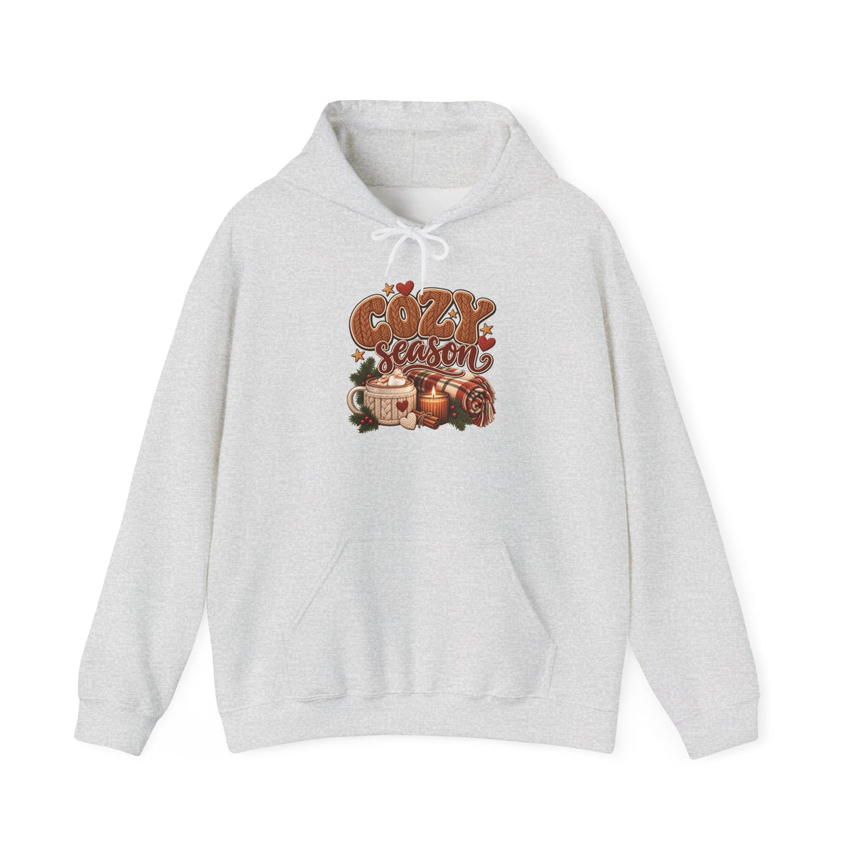 Ash Cozy Season hoodie with cable-knit lettering, hot cocoa, a candle and a plaid blanket, front view
