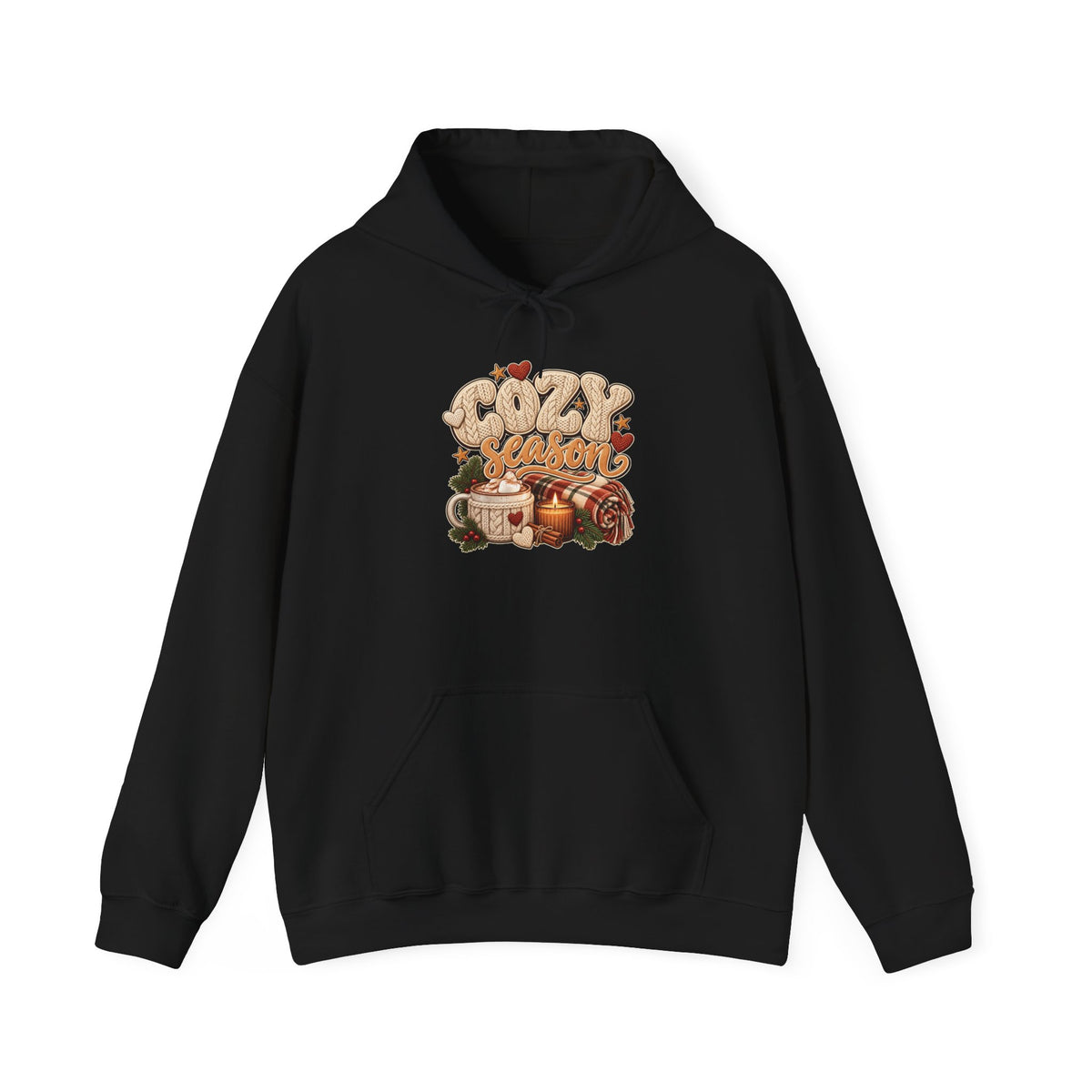 Black Cozy Season hoodie with cable-knit lettering, hot cocoa, a candle and a plaid blanket, front view