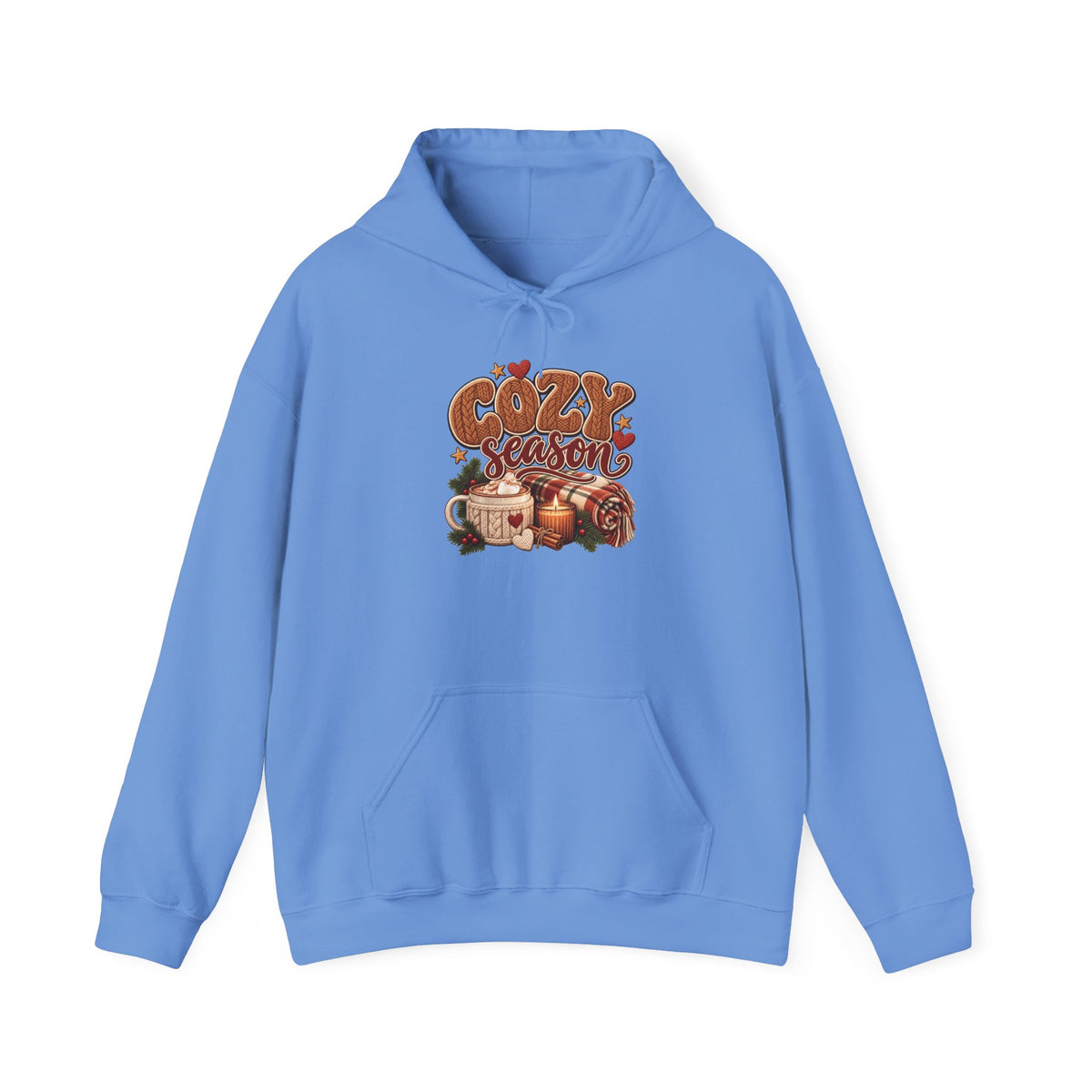 Carolina Blue Cozy Season hoodie with cable-knit lettering, hot cocoa, a candle and a plaid blanket, front view