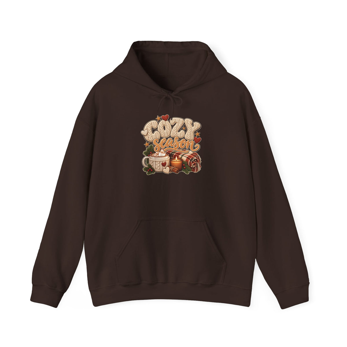 Dark Chocolate Cozy Season hoodie with cable-knit lettering, hot cocoa, a candle and a plaid blanket, front view