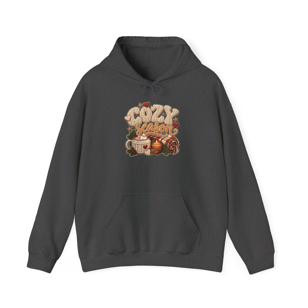 Dark Heather Cozy Season hoodie with cable-knit lettering, hot cocoa, a candle and a plaid blanket, front view