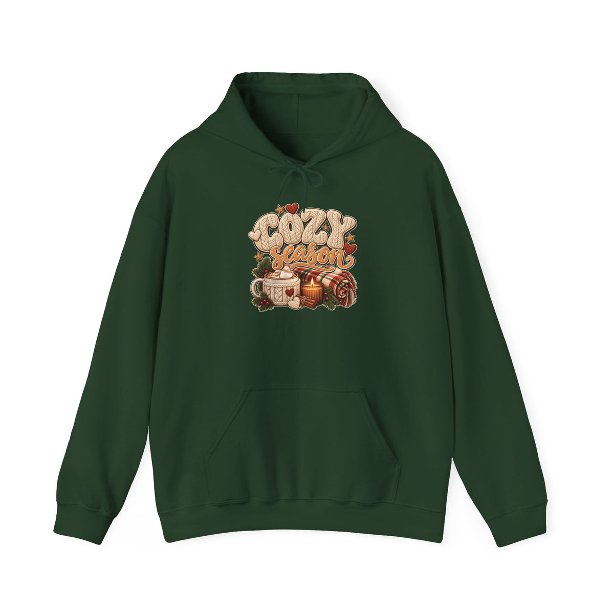 Forest Green Cozy Season hoodie with cable-knit lettering, hot cocoa, a candle and a plaid blanket, front view
