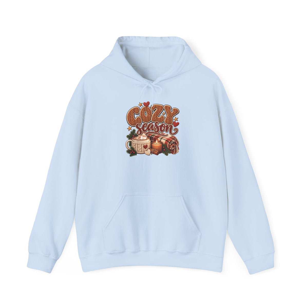 Light Blue Cozy Season hoodie with cable-knit lettering, hot cocoa, a candle and a plaid blanket, front view