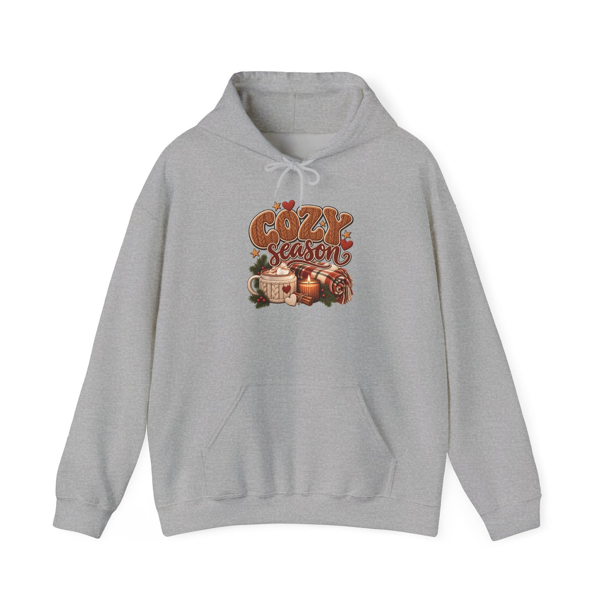 Sport Grey Cozy Season hoodie with cable-knit lettering, hot cocoa, a candle and a plaid blanket, front view