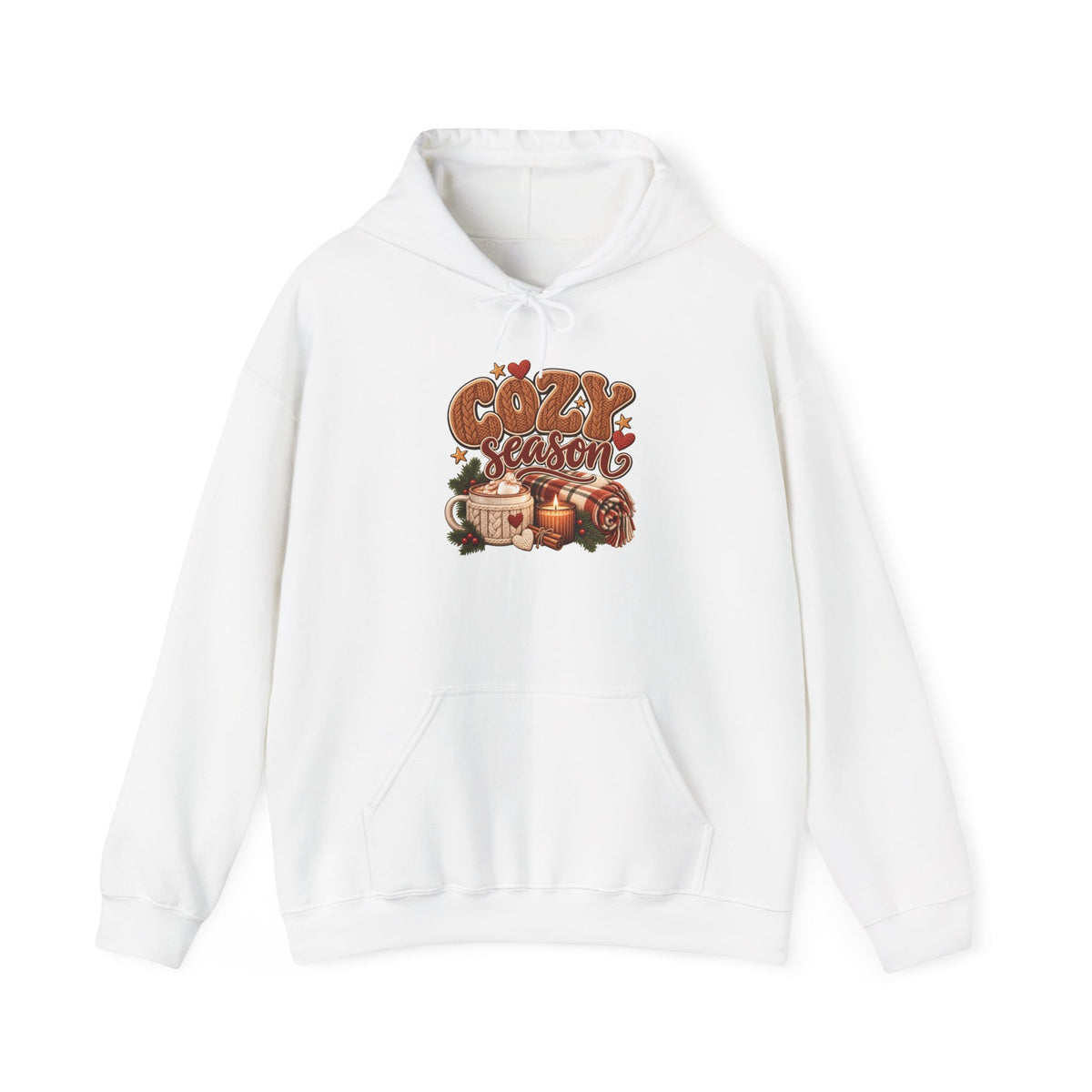 White Cozy Season hoodie with cable-knit lettering, hot cocoa, a candle and a plaid blanket, front view