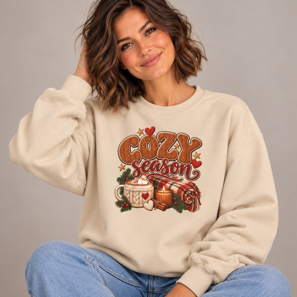 Woman wearing the Sand Cozy Season Sweatshirt with jeans