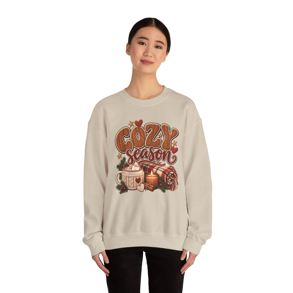 Model wearing the sand Cozy Season Sweatshirt