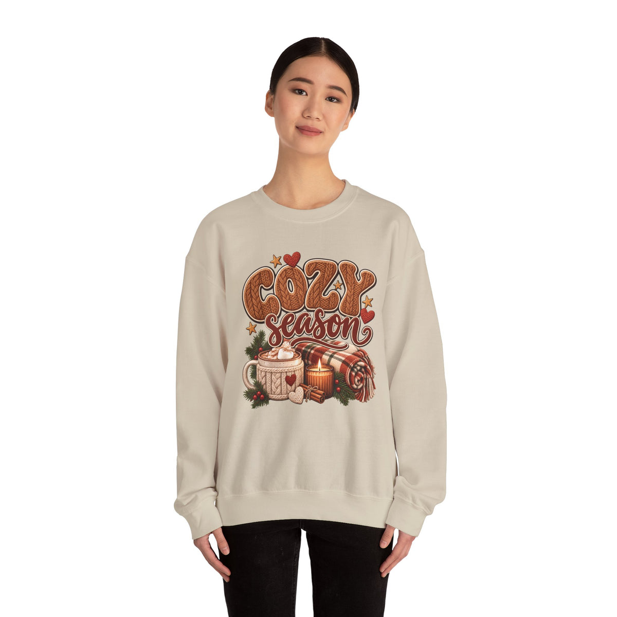 Model wearing the sand Cozy Season Sweatshirt