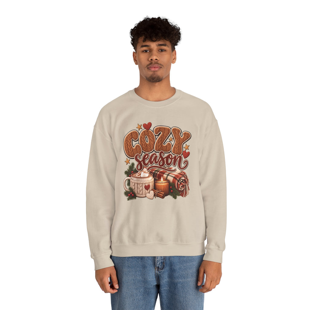 Model wearing the sand Cozy Season Sweatshirt