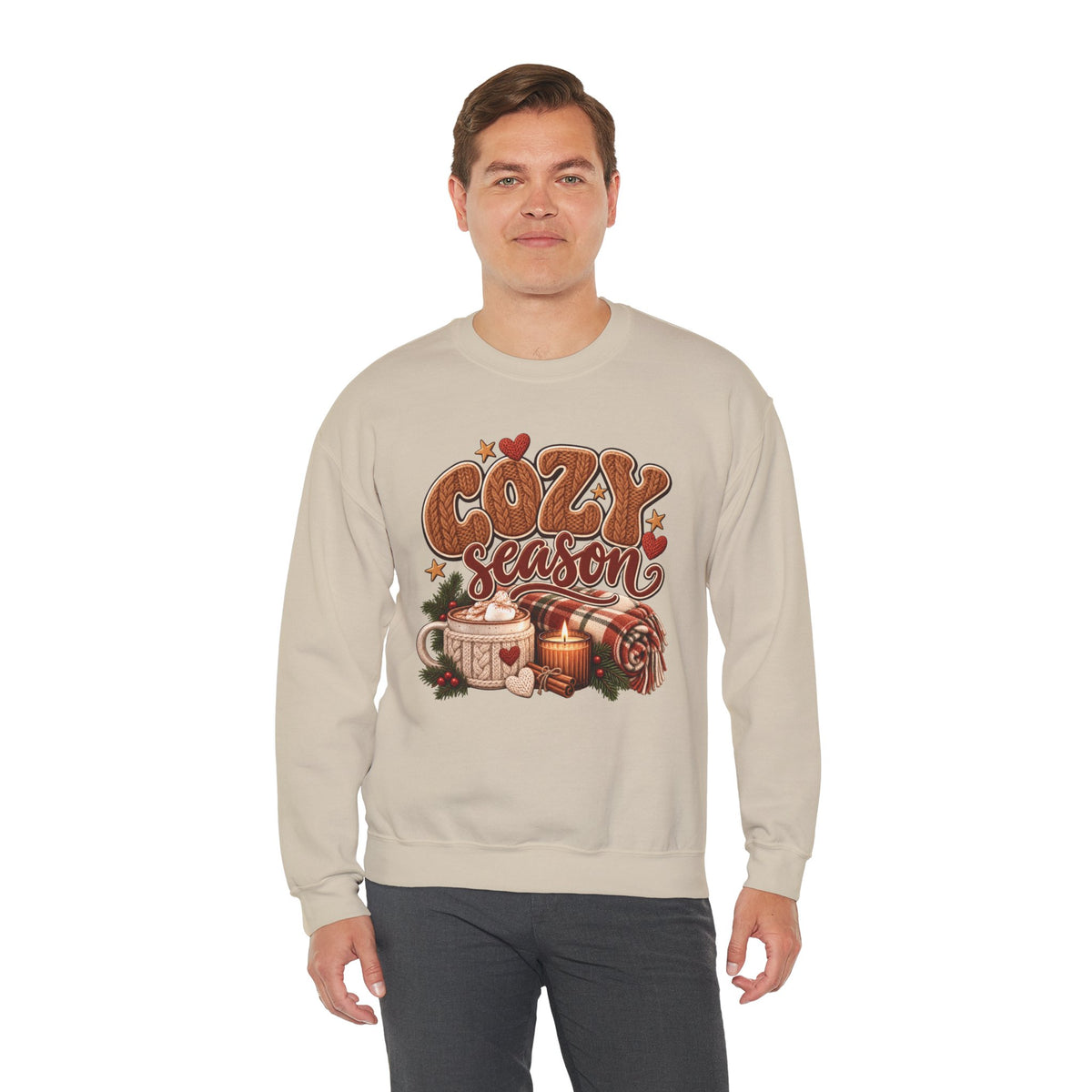 Model wearing the sand Cozy Season Sweatshirt