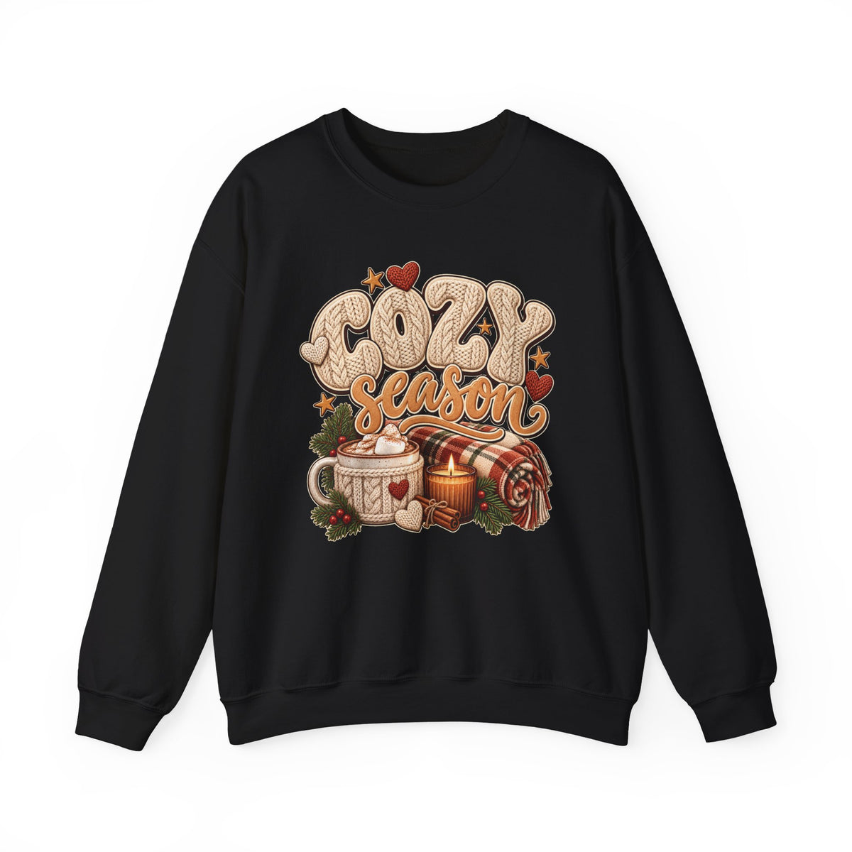 Black Cozy Season sweatshirt with cable-knit lettering, hot cocoa, a candle and a plaid blanket, front view