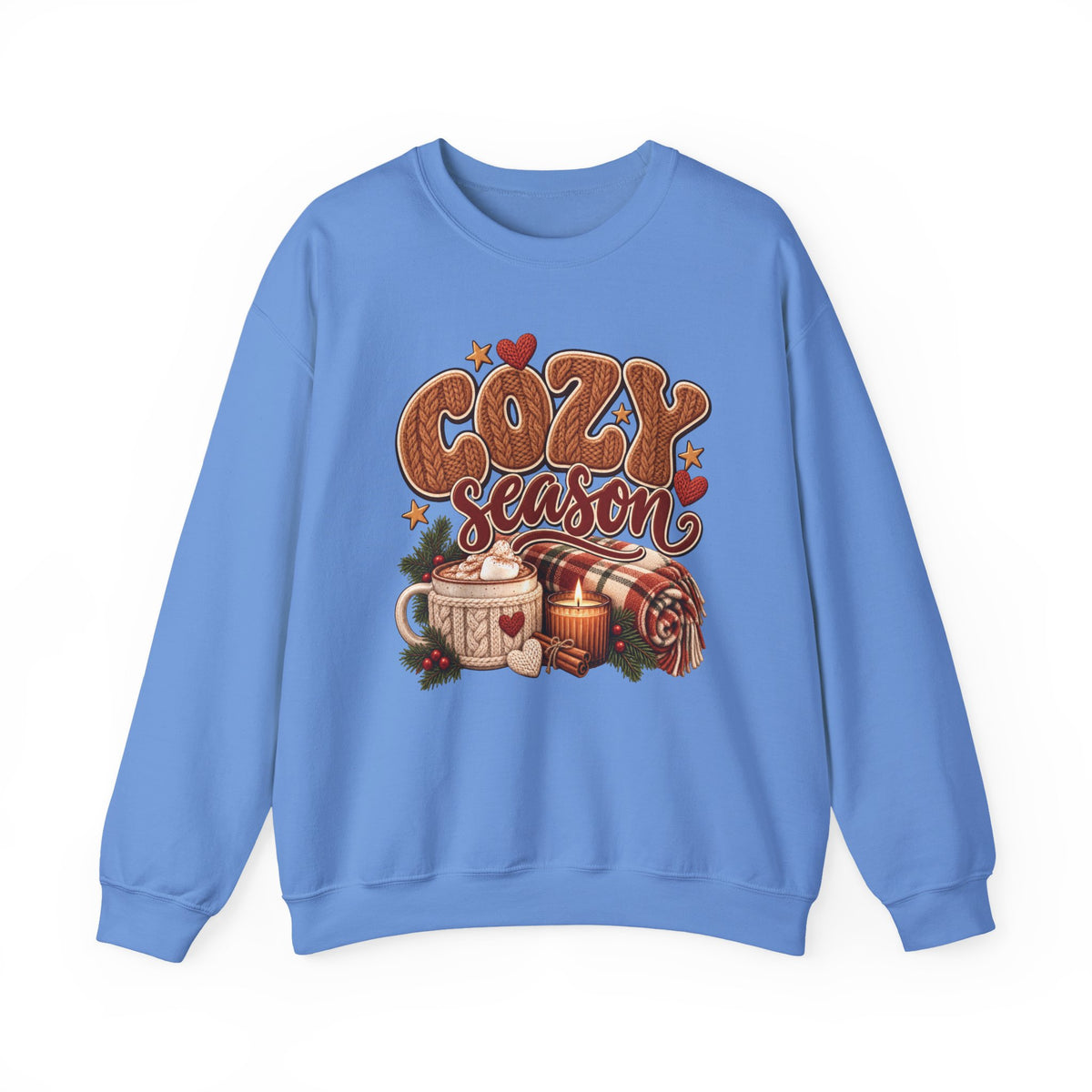 Carolina Blue Cozy Season sweatshirt with cable-knit lettering, hot cocoa, a candle and a plaid blanket, front view