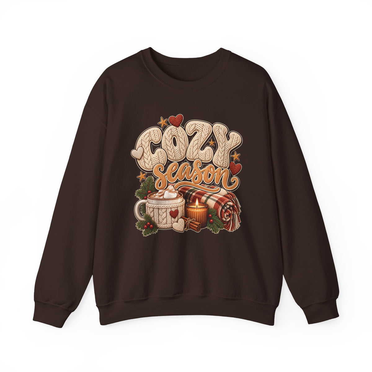 Dark Chocolate Cozy Season sweatshirt with cable-knit lettering, hot cocoa, a candle and a plaid blanket, front view