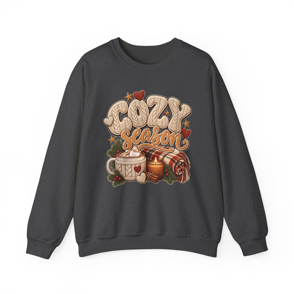 Dark Heather Cozy Season sweatshirt with cable-knit lettering, hot cocoa, a candle and a plaid blanket, front view