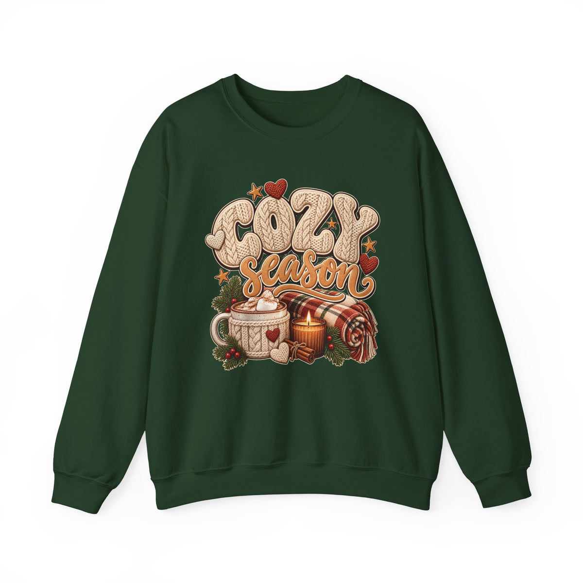 Forest Green Cozy Season sweatshirt with cable-knit lettering, hot cocoa, a candle and a plaid blanket, front view