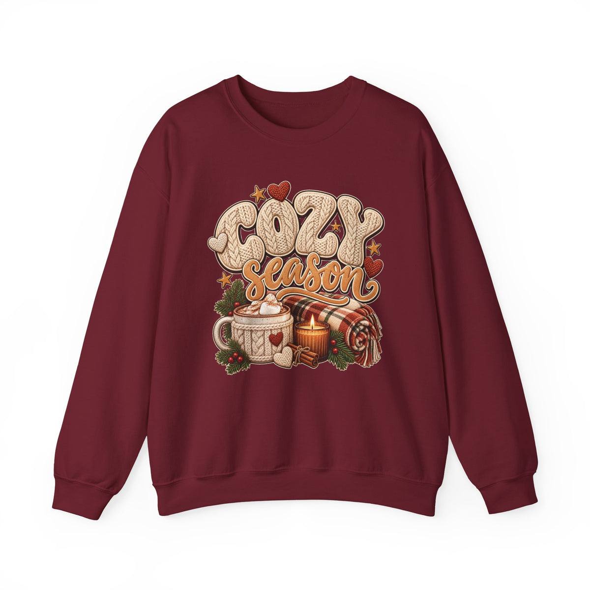 Garnet Cozy Season sweatshirt with cable-knit lettering, hot cocoa, a candle and a plaid blanket, front view