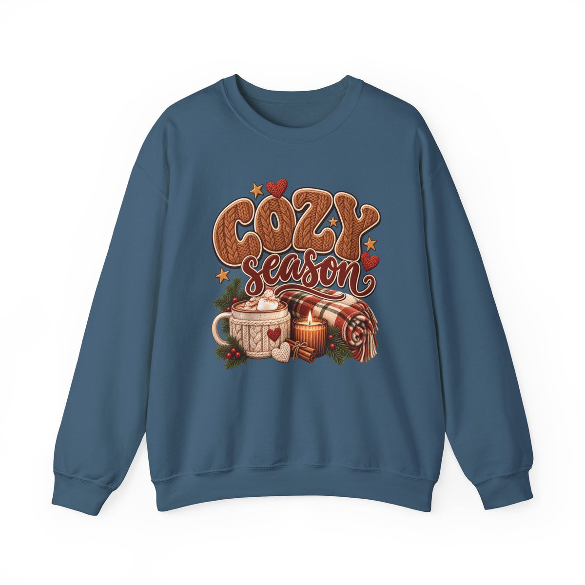 Indigo Blue Cozy Season sweatshirt with cable-knit lettering, hot cocoa, a candle and a plaid blanket, front view