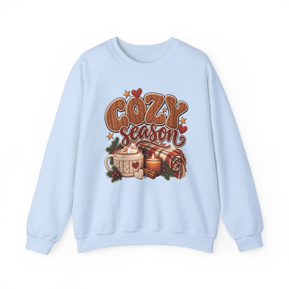Light Blue Cozy Season sweatshirt with cable-knit lettering, hot cocoa, a candle and a plaid blanket, front view