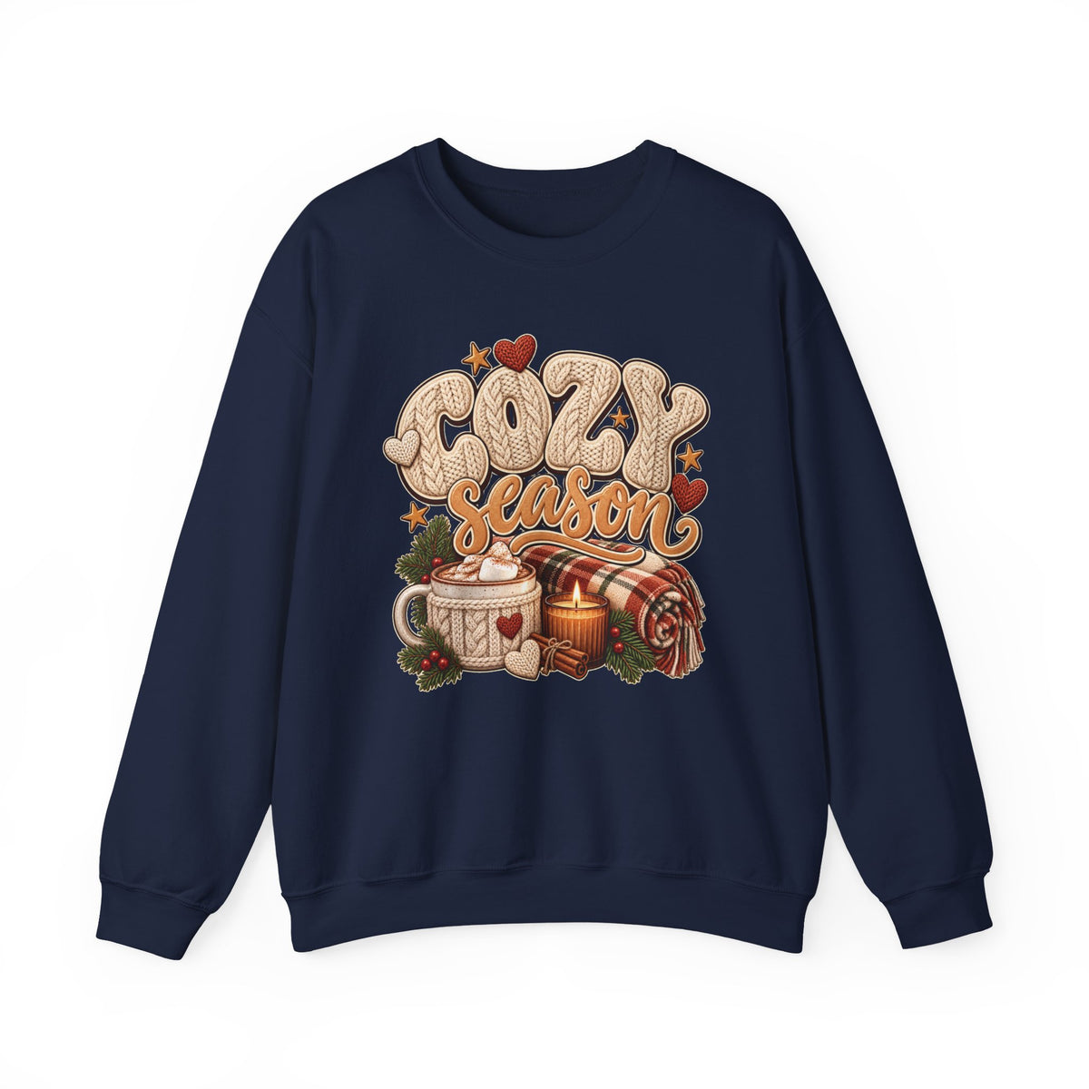 Navy Cozy Season sweatshirt with cable-knit lettering, hot cocoa, a candle and a plaid blanket, front view