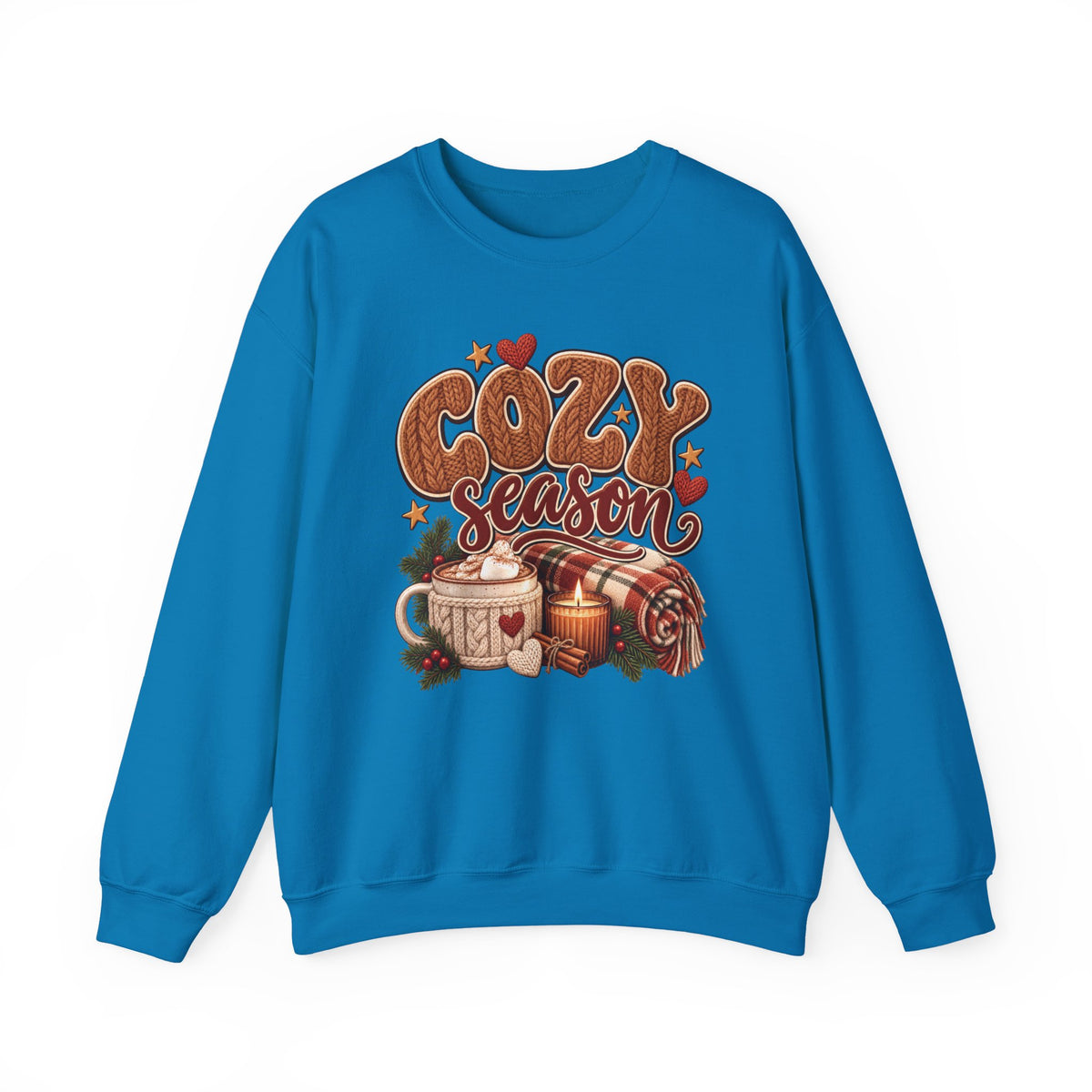 Sapphire Cozy Season sweatshirt with cable-knit lettering, hot cocoa, a candle and a plaid blanket, front view
