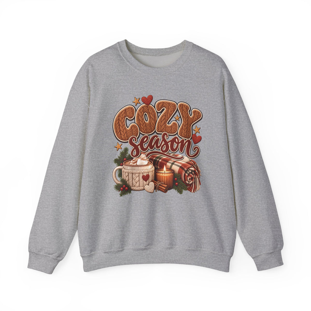 Sport Grey Cozy Season sweatshirt with cable-knit lettering, hot cocoa, a candle and a plaid blanket, front view