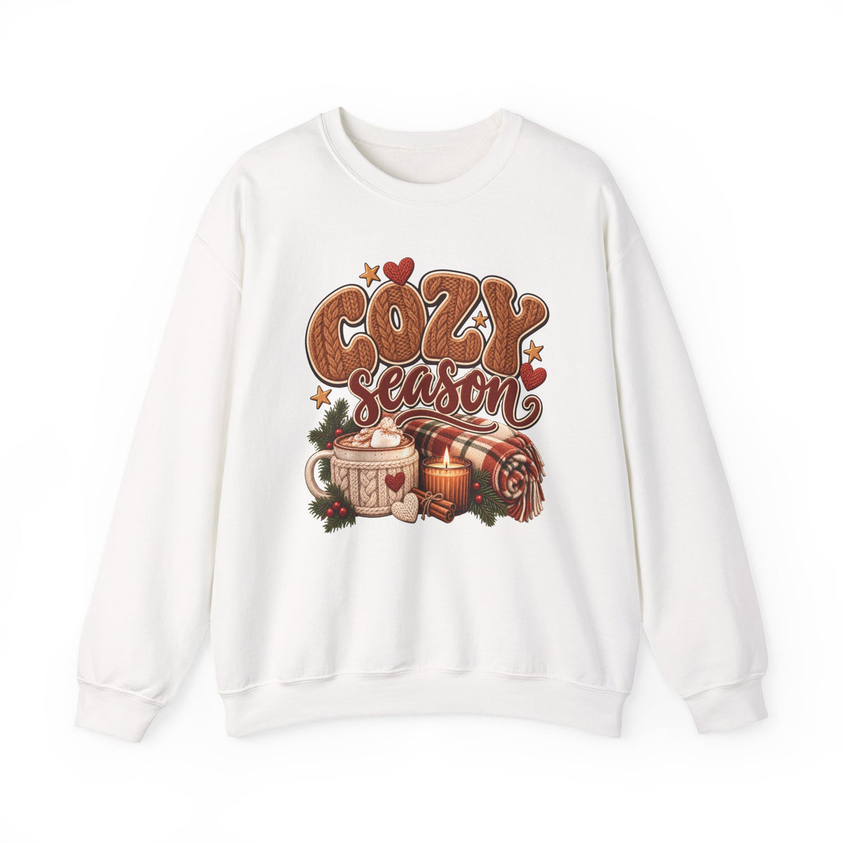 White Cozy Season sweatshirt with cable-knit lettering, hot cocoa, a candle and a plaid blanket, front view