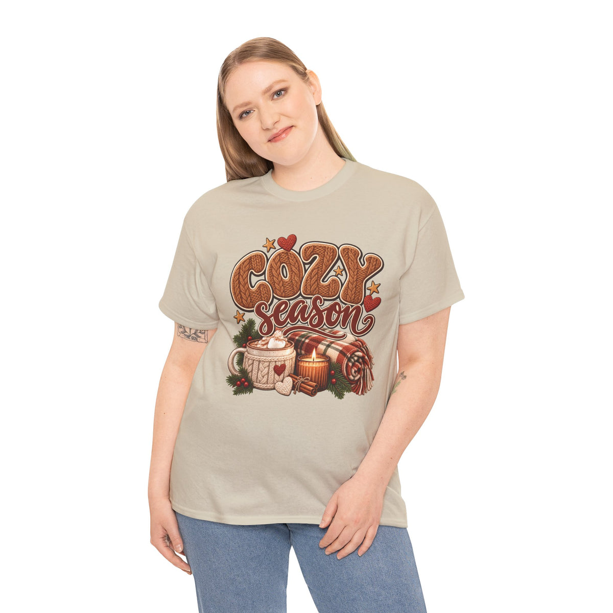 Model wearing the sand Cozy Season T-Shirt