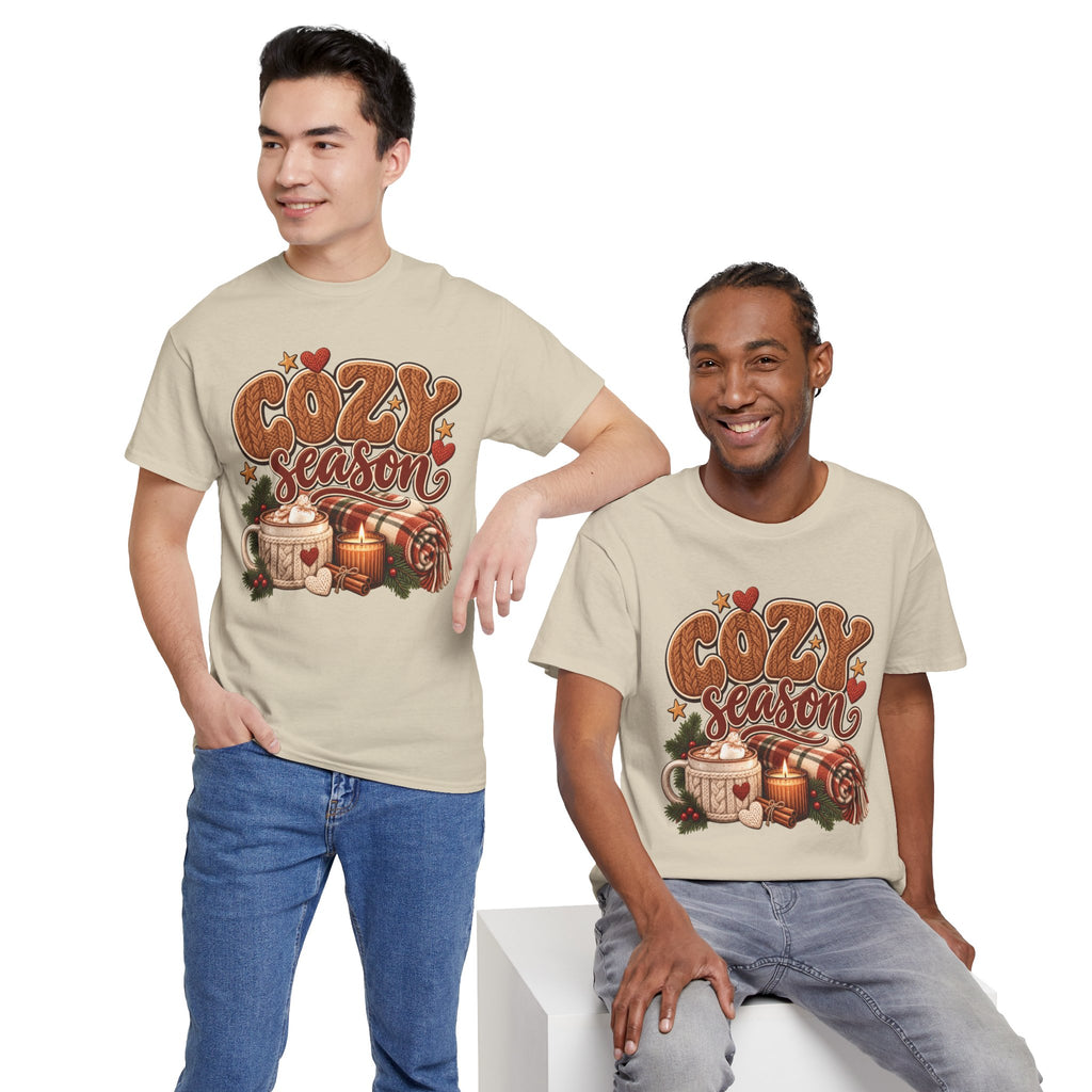 Model wearing the sand Cozy Season T-Shirt