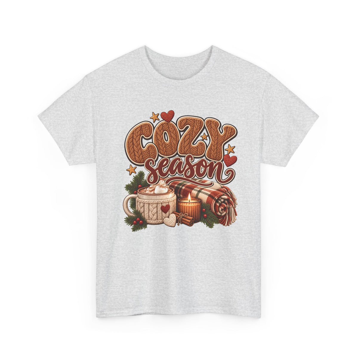Ash Cozy Season t-shirt with cable-knit lettering, hot cocoa, a candle and a plaid blanket, front view
