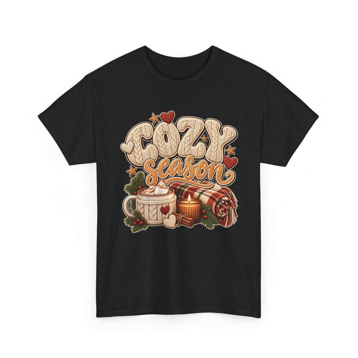Black Cozy Season t-shirt with cable-knit lettering, hot cocoa, a candle and a plaid blanket, front view