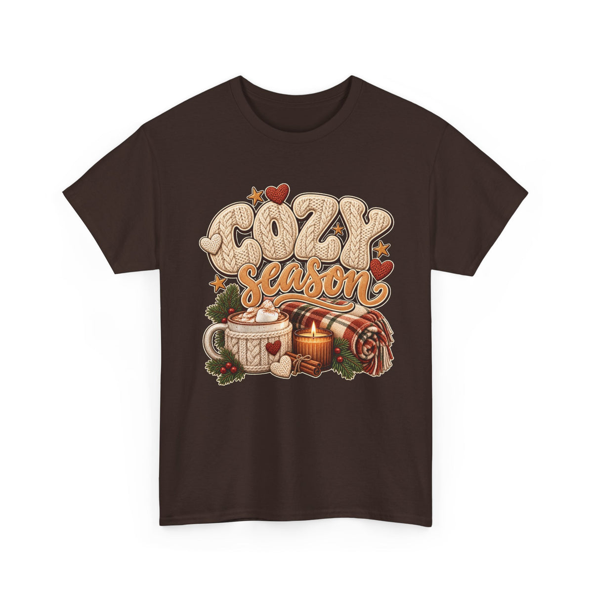 Dark Chocolate Cozy Season t-shirt with cable-knit lettering, hot cocoa, a candle and a plaid blanket, front view