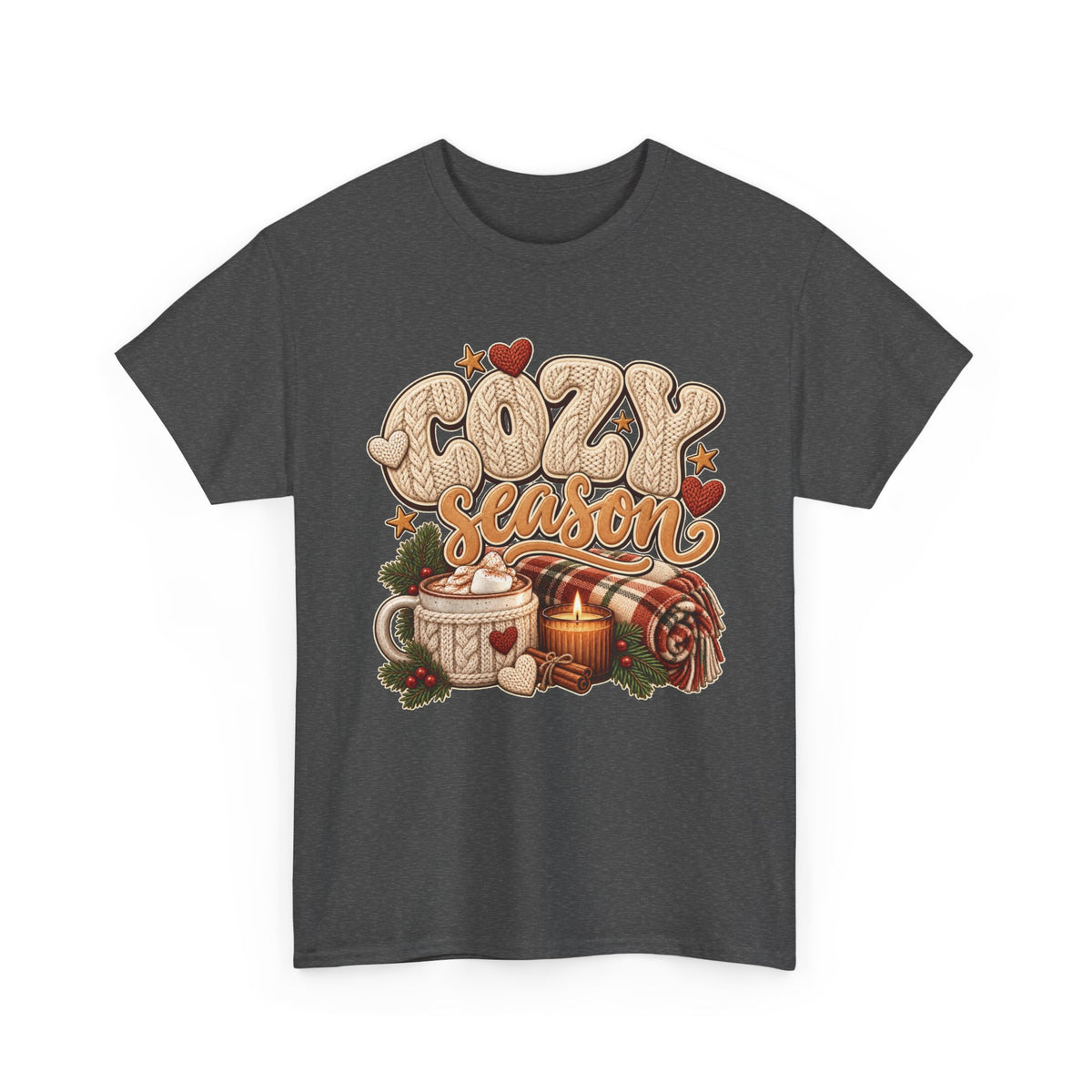 Dark Heather Cozy Season t-shirt with cable-knit lettering, hot cocoa, a candle and a plaid blanket, front view
