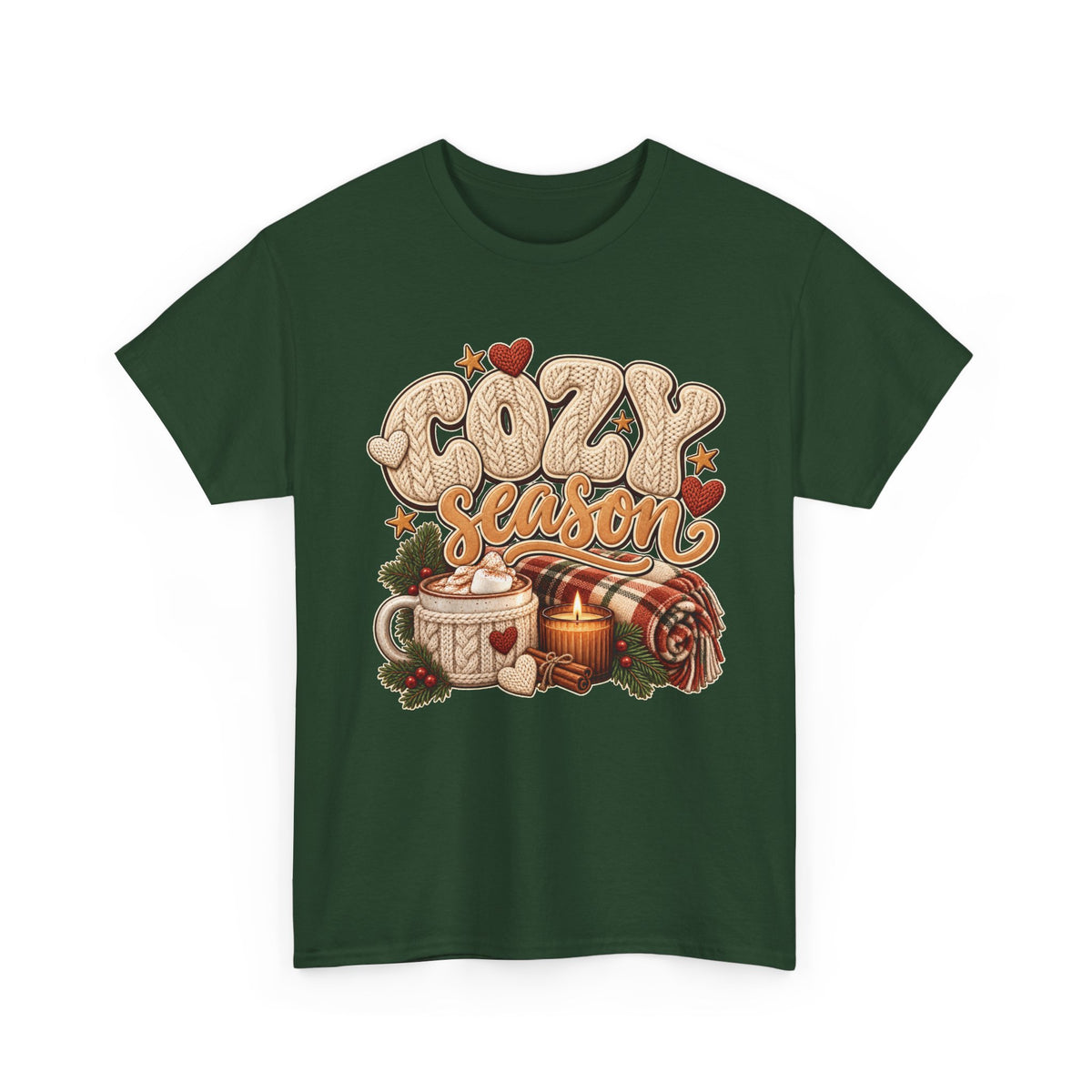 Forest Green Cozy Season t-shirt with cable-knit lettering, hot cocoa, a candle and a plaid blanket, front view