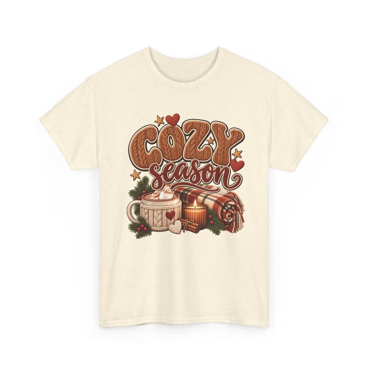 Natural Cozy Season t-shirt with cable-knit lettering, hot cocoa, a candle and a plaid blanket, front view