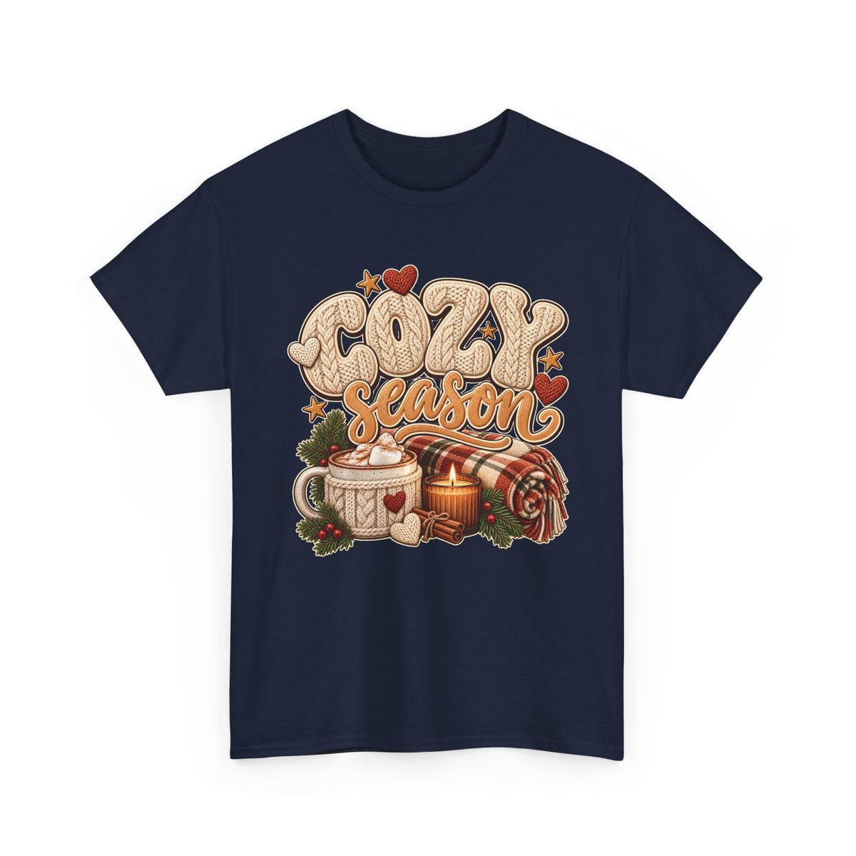 Navy Cozy Season t-shirt with cable-knit lettering, hot cocoa, a candle and a plaid blanket, front view
