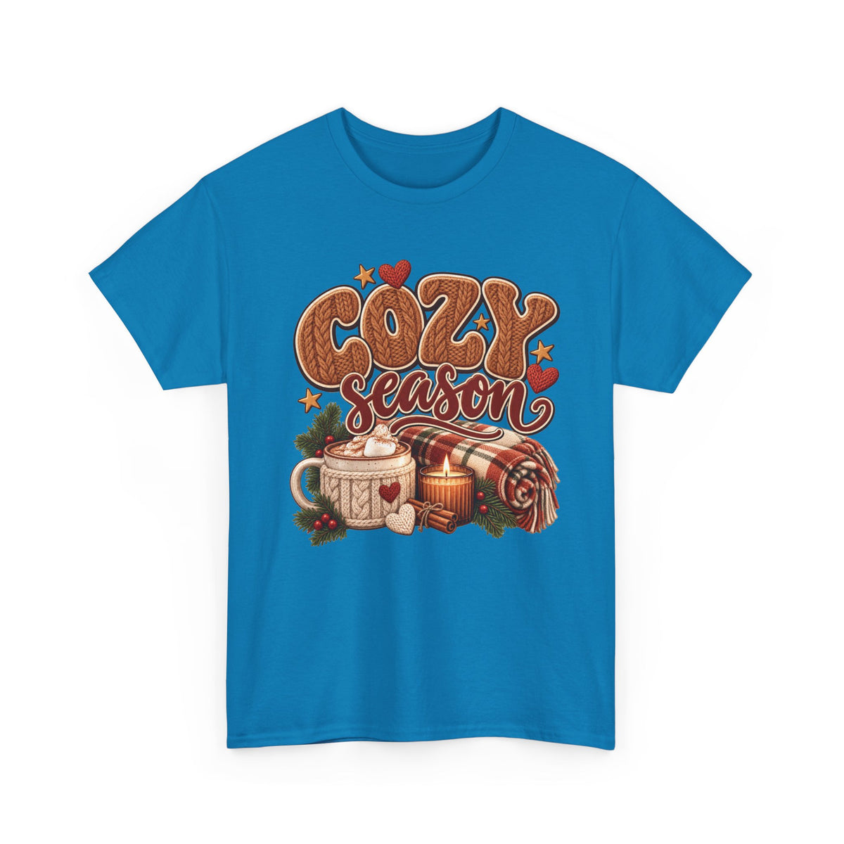 Sapphire Cozy Season t-shirt with cable-knit lettering, hot cocoa, a candle and a plaid blanket, front view