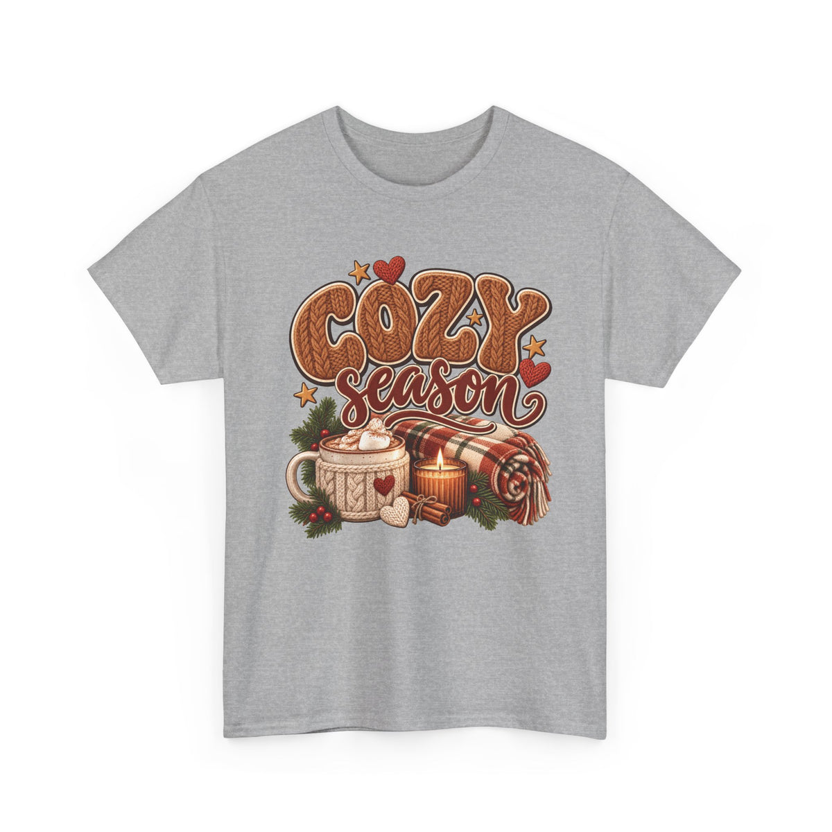Sport Grey Cozy Season t-shirt with cable-knit lettering, hot cocoa, a candle and a plaid blanket, front view