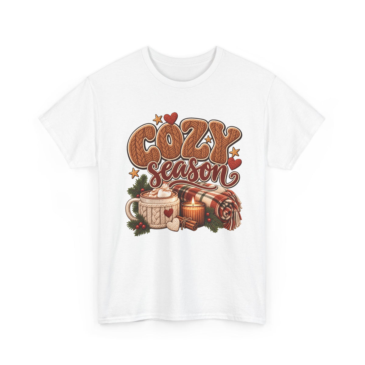 White Cozy Season t-shirt with cable-knit lettering, hot cocoa, a candle and a plaid blanket, front view