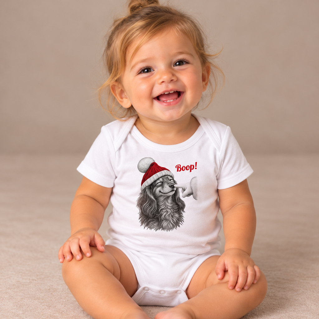 Baby wearing the White Dachshund Boop Christmas Baby Bodysuit