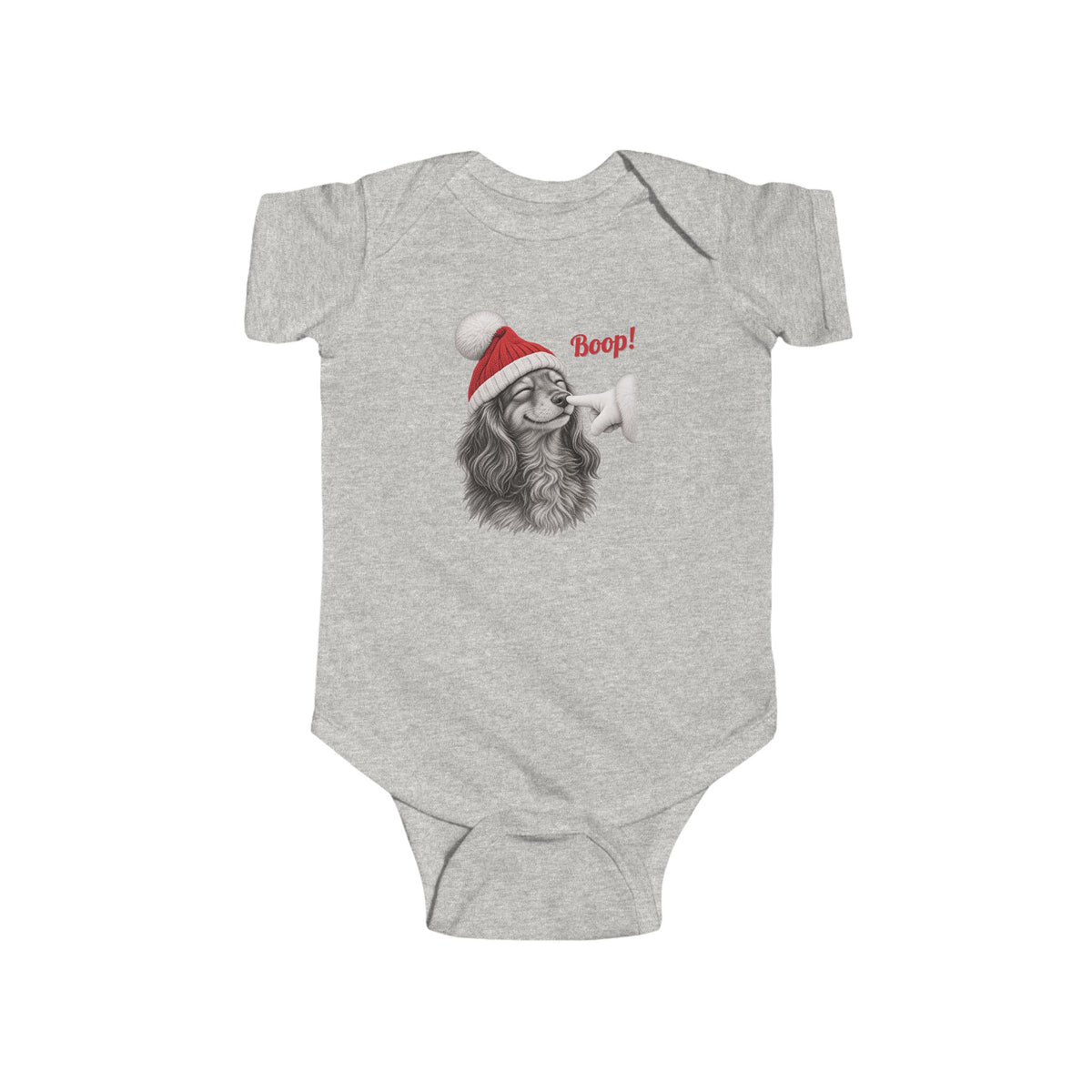 Ash Dachshund Boop Christmas baby bodysuit with a smiling dachshund in a Santa hat getting a nose boop, front view