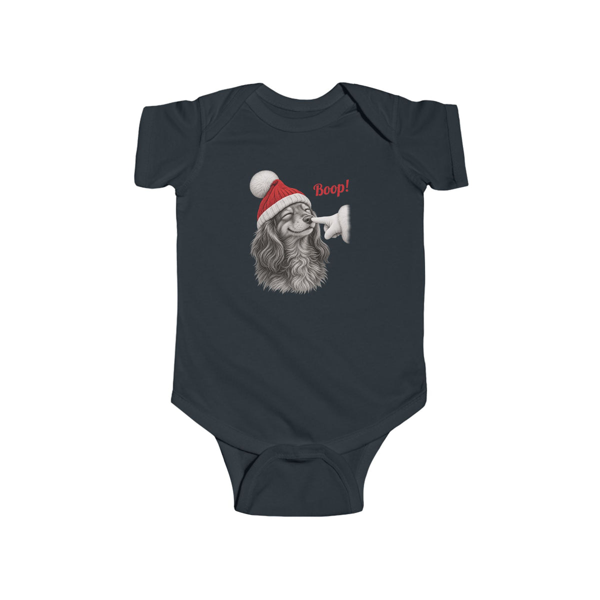 Black Dachshund Boop Christmas baby bodysuit with a smiling dachshund in a Santa hat getting a nose boop, front view