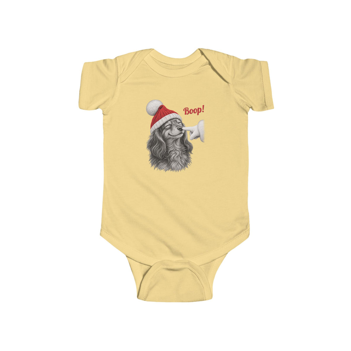 Butter Dachshund Boop Christmas baby bodysuit with a smiling dachshund in a Santa hat getting a nose boop, front view