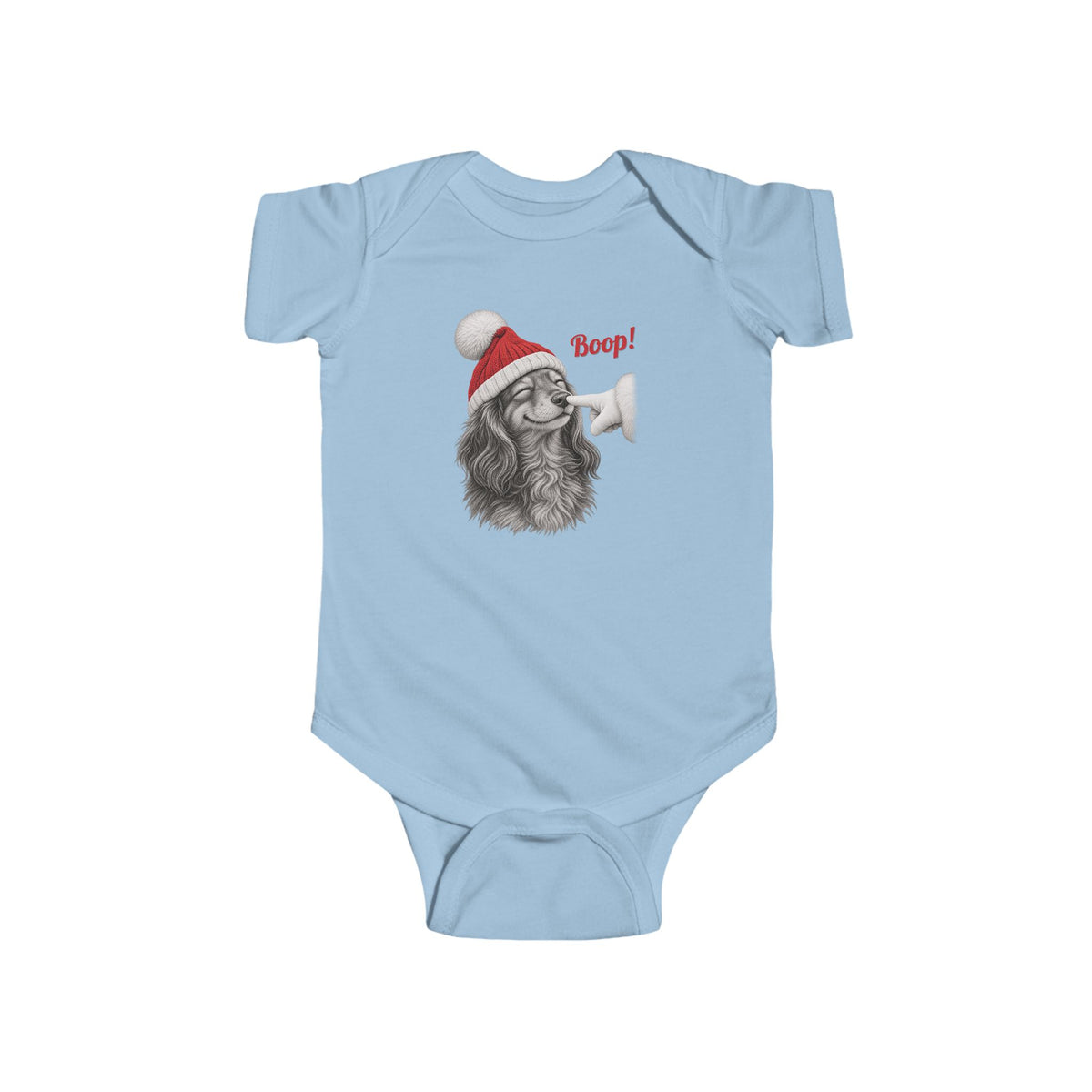 Light Blue Dachshund Boop Christmas baby bodysuit with a smiling dachshund in a Santa hat getting a nose boop, front view
