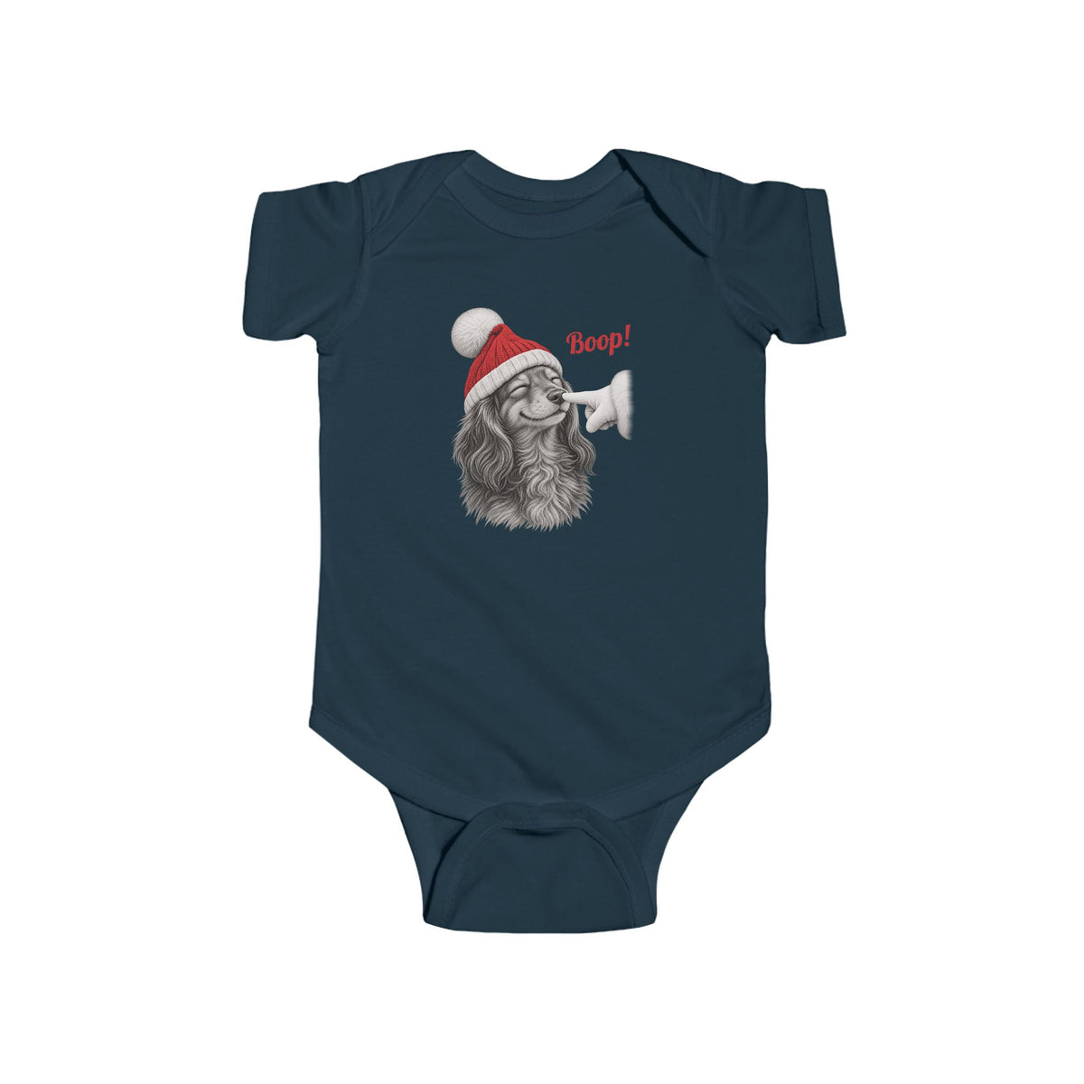 Navy Dachshund Boop Christmas baby bodysuit with a smiling dachshund in a Santa hat getting a nose boop, front view