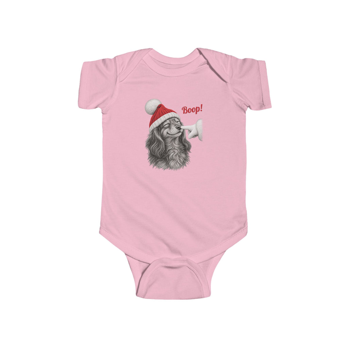 Pink Dachshund Boop Christmas baby bodysuit with a smiling dachshund in a Santa hat getting a nose boop, front view