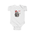 White Dachshund Boop Christmas baby bodysuit with a smiling dachshund in a Santa hat getting a nose boop, front view