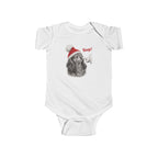 White Dachshund Boop Christmas baby bodysuit with a smiling dachshund in a Santa hat getting a nose boop, front view