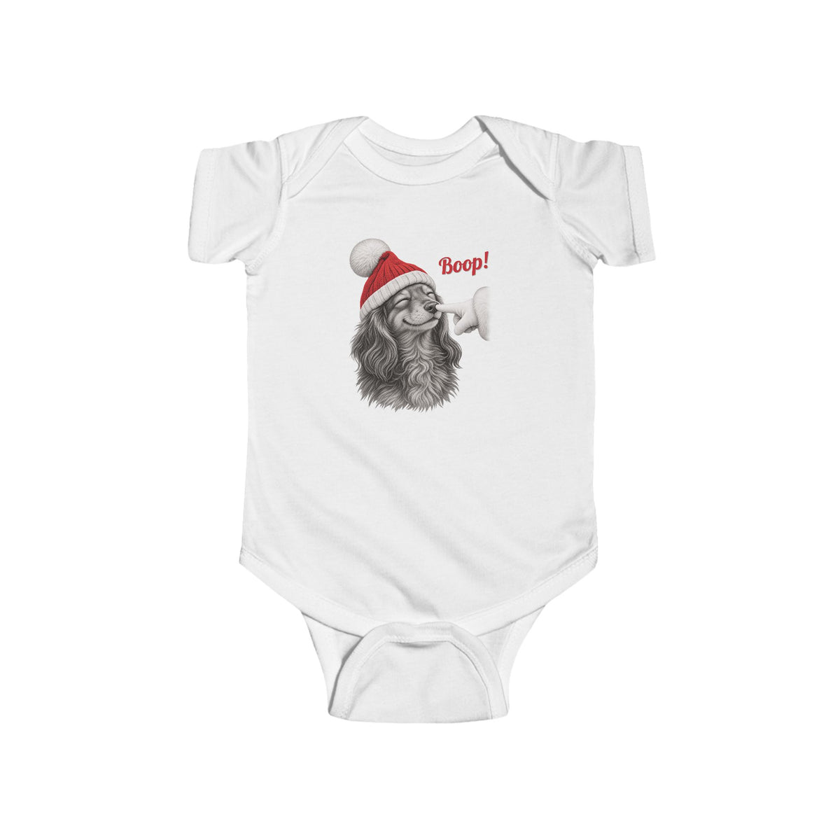 White Dachshund Boop Christmas baby bodysuit with a smiling dachshund in a Santa hat getting a nose boop, front view