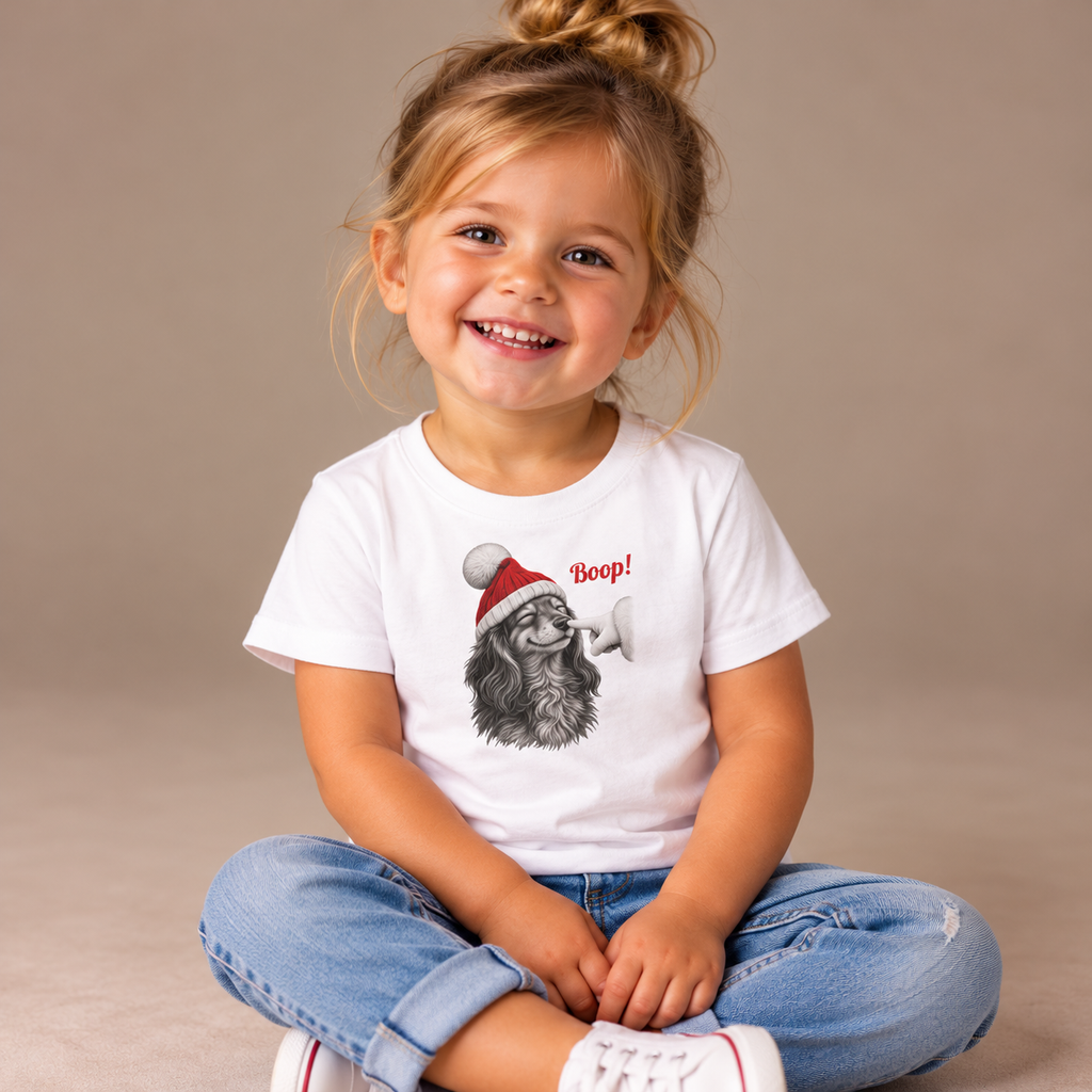 Baby wearing the White Dachshund Boop Christmas Baby T-Shirt